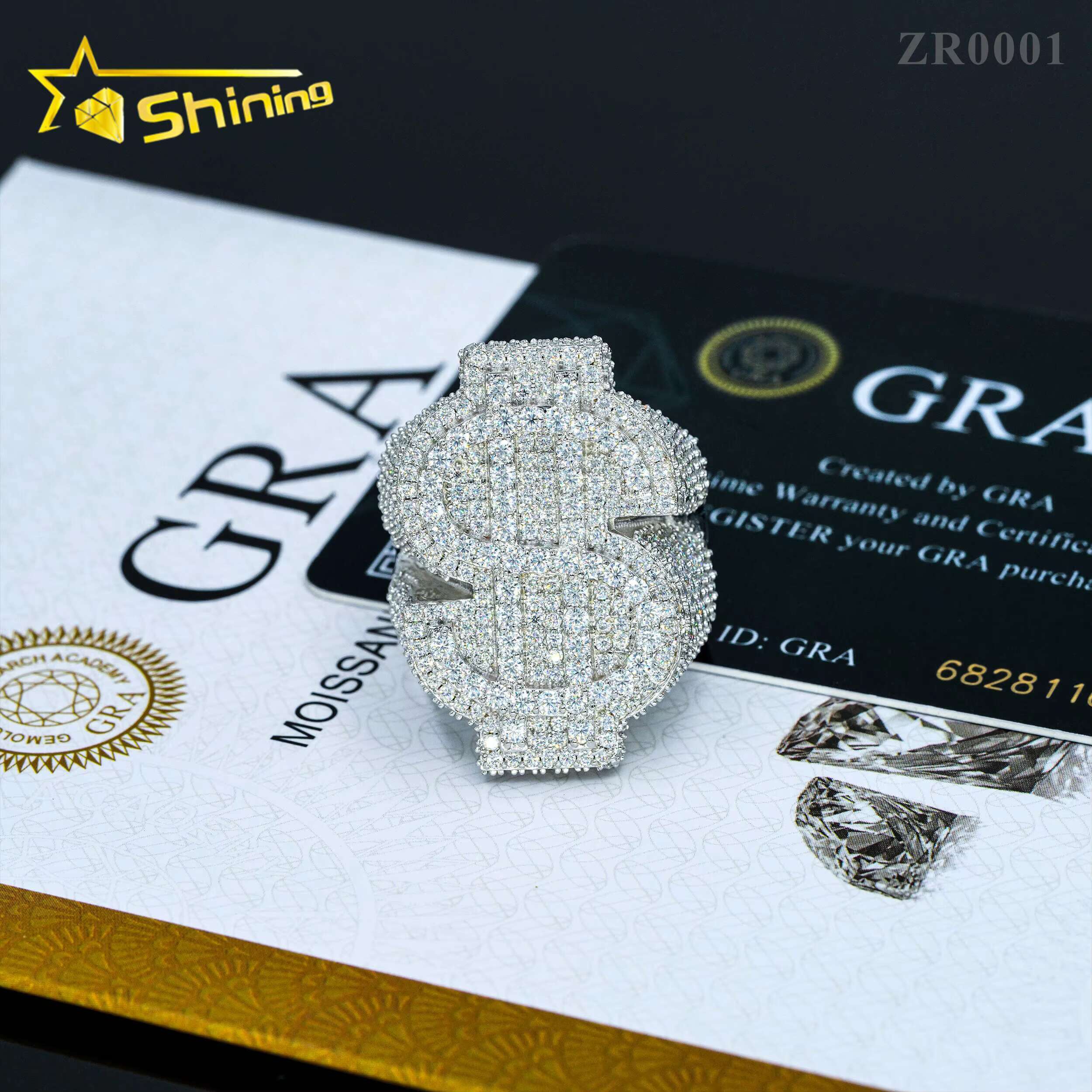Shining Jewelry Iced Out Us Dollar Design Ring Custom 925 Sterling Silver Hip Hop Moissanite Ring Luxury Men Jewelry