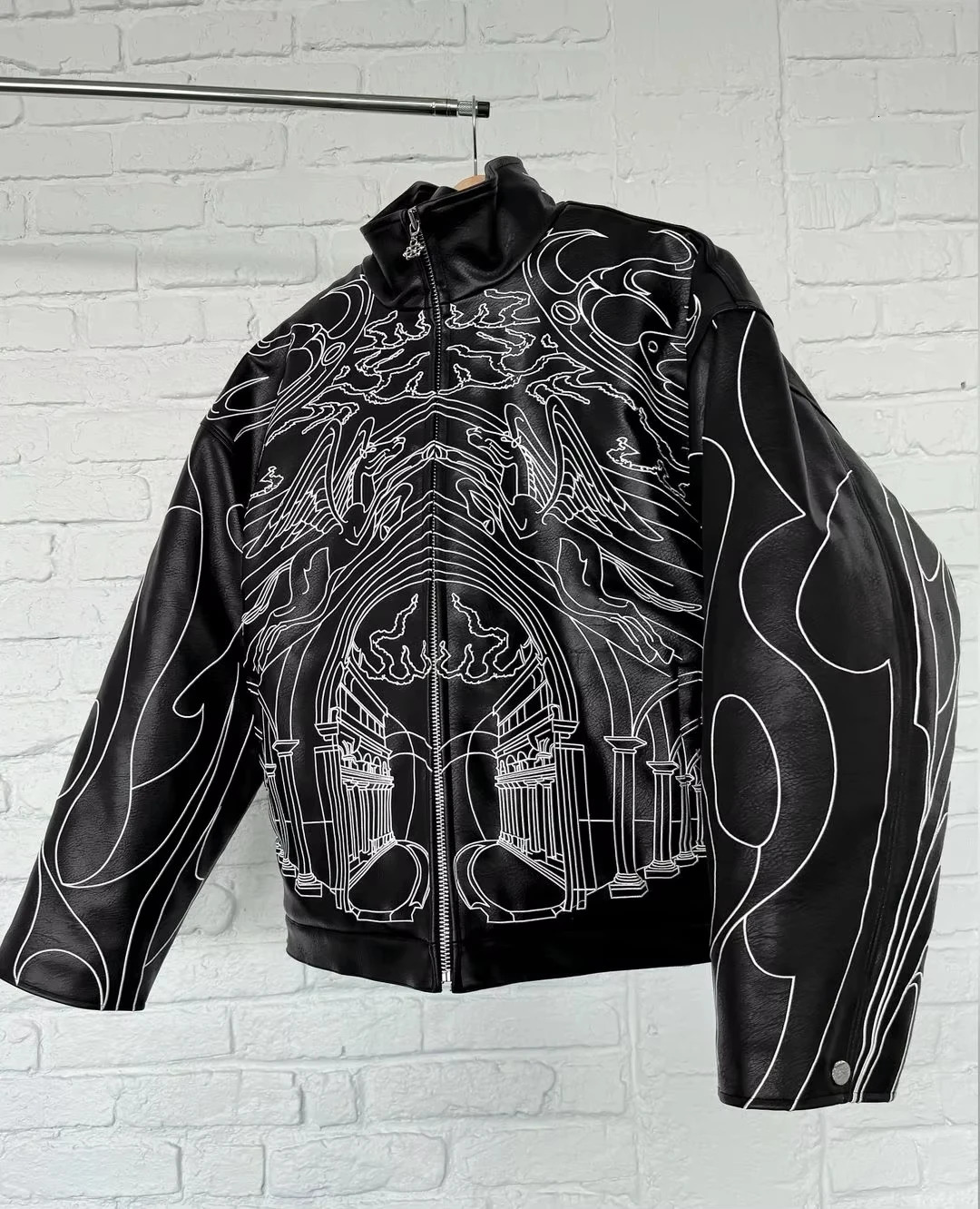 Streetwear retro leather jacket Y2K zipper jacket mens hip-hop rock retro graphic oversized jacket casual clothing 250408