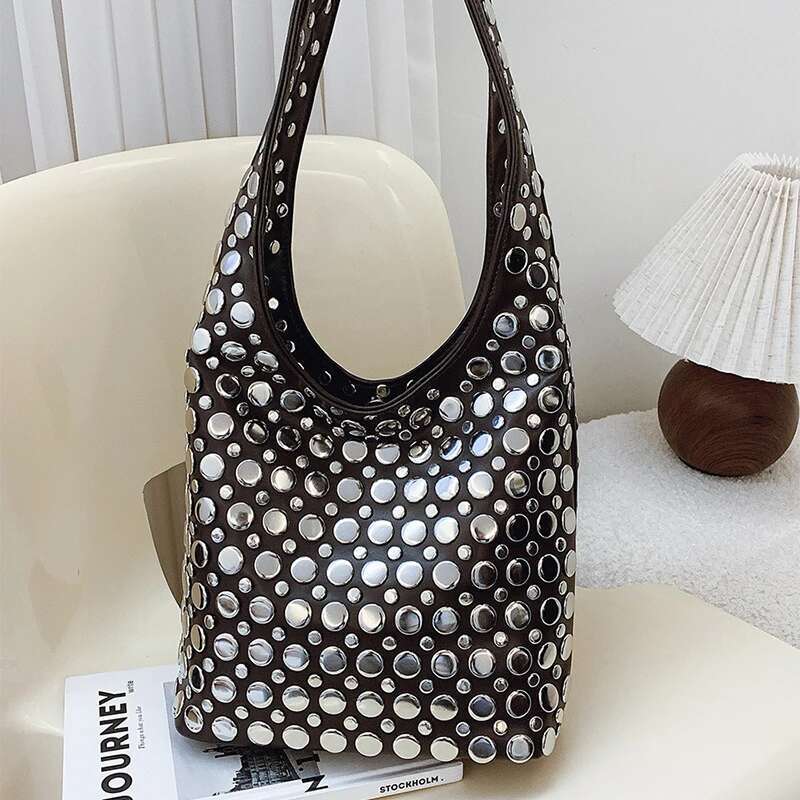 New Genuine Leather Bucket Fashionabl Personality Trendy Cool Polka Dot Rivet Casual Brand Underarm Bag Handbag