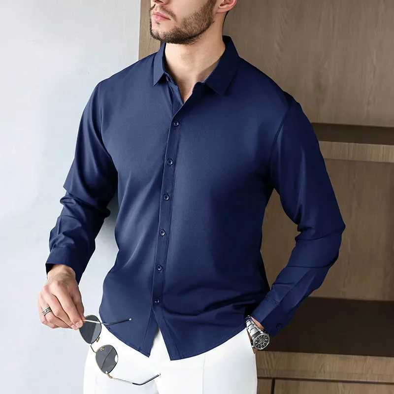 New Mens Business Casual Long Sleeve Solid Color Shirt Wrinkle Resistant Comfortable All Season Versatile Top W250627