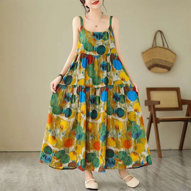 Wxw6508 summer sleeveless spaghetti strap dress for women thin and sexy retro dot print beach backless cotton linen Aline 250409
