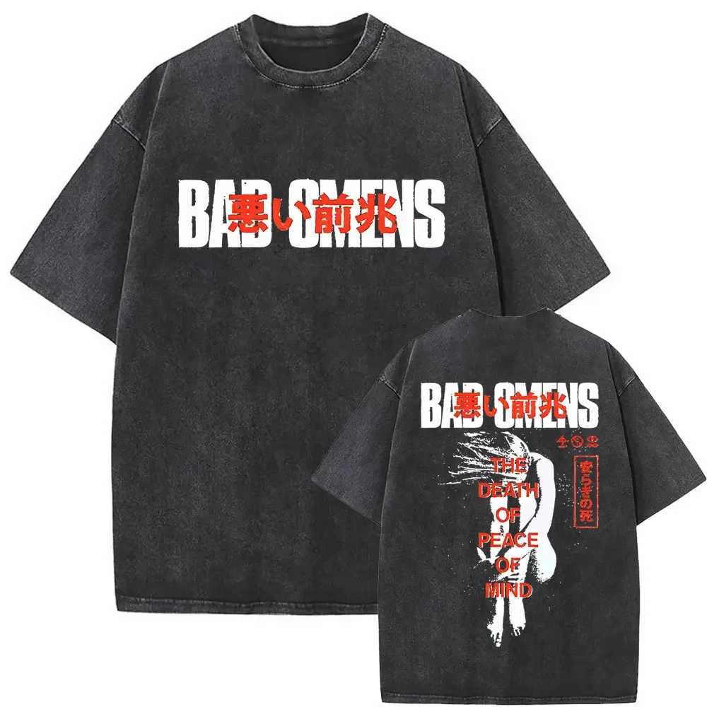 Washed Vintage Bad Omens Print T-shirt Funny Moth Graphic T-shirt Mens Fashion Hip Hop Street Clothing Short Sleeve T-shirt MensXJ250409