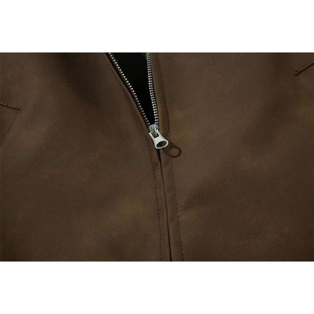 Letter Embroidery Spliced Leather Jacket Mens Retro High Street Autumn Winter Lapel Long Sleeve Outerwear Men