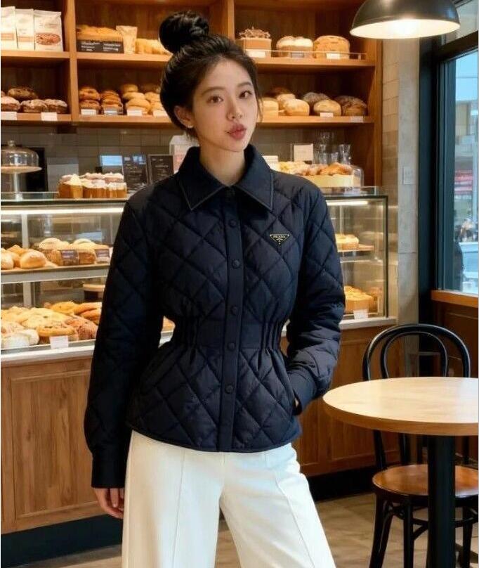 26SS winter jacket women vintage argyle Waist cinched Womens cotton-padded Jackets woman designer puffer jacket coat