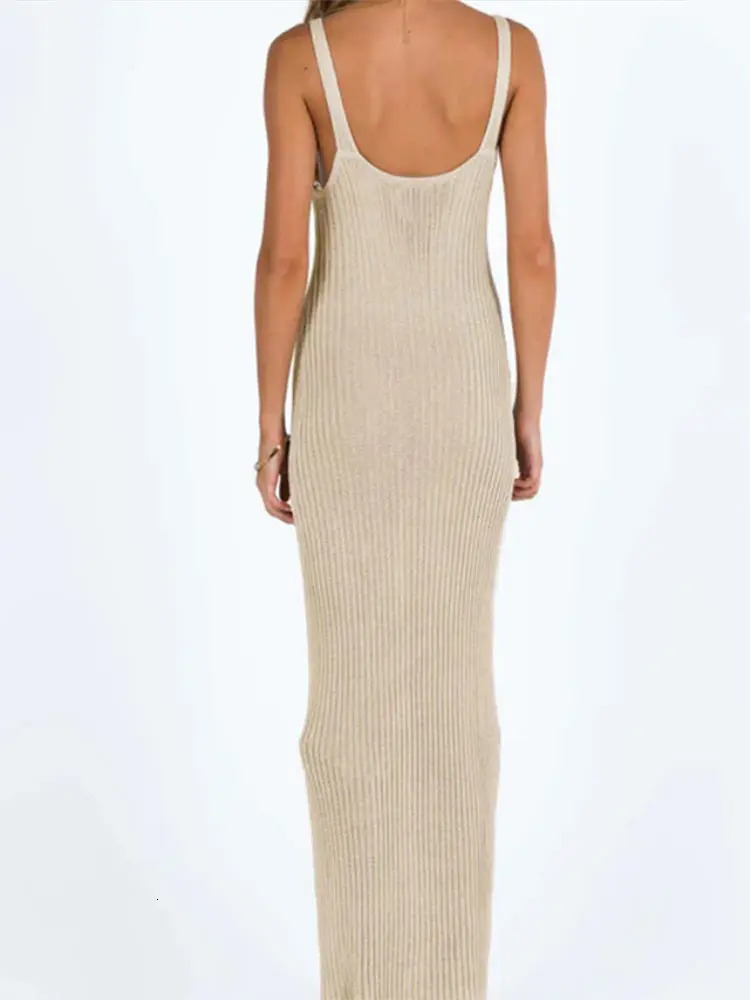 Fashionable solid knit womens Maxi dress chic sleeveless backless Vneck extra long knitted beach vest for springsummer 250409