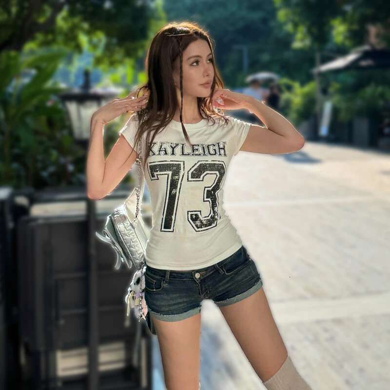 Wmen clothing Y2K Subculture Vintage Short Sleeve Tops Number Letter Print T-shirt Slim Sexy Summer 2024 Punk Goth Tees