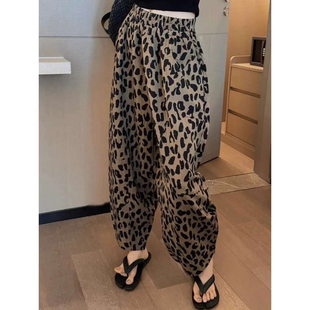 Leopard Print Wide Leg Cropped For Women's Summer Chiffon Loose Elastic Waist Thin Casual Harlan Pants