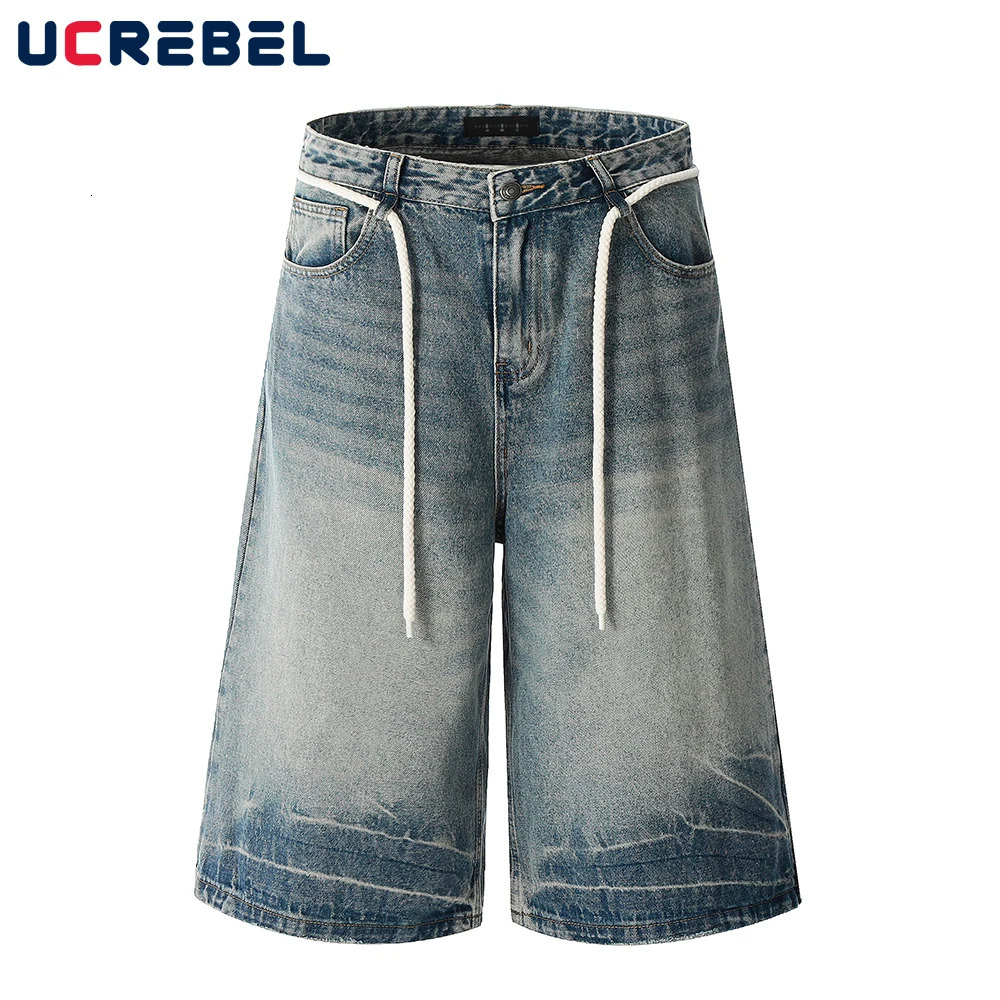 dip galvanized mens short jeans with retro waistband high street loose wide legs denim shorts cut 250409