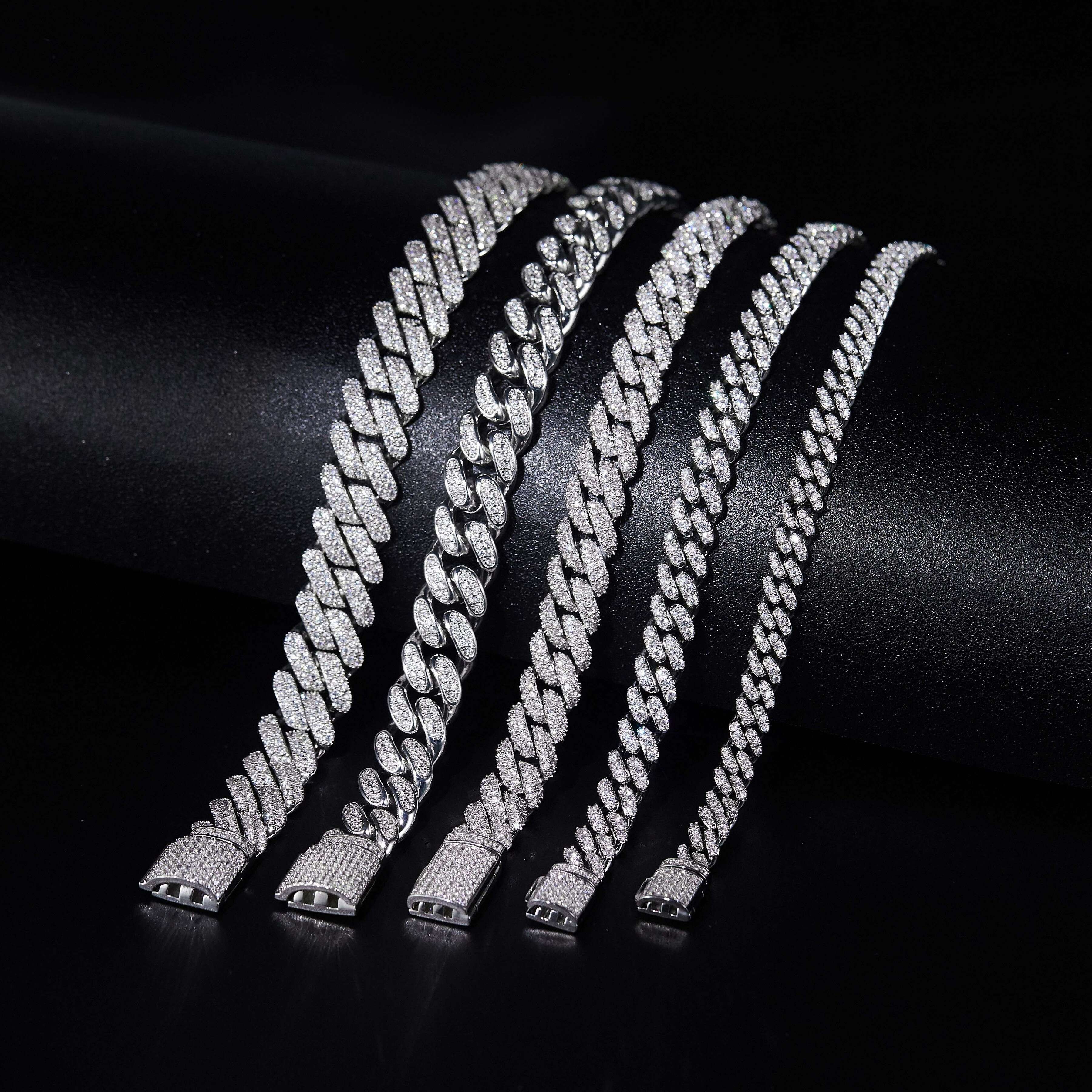 2Rows 14mm Cuban Chain Necklace Fine Jewelry Fashionable Hiphop Style 925 Sterling Silver Moissanite Diamond for Men