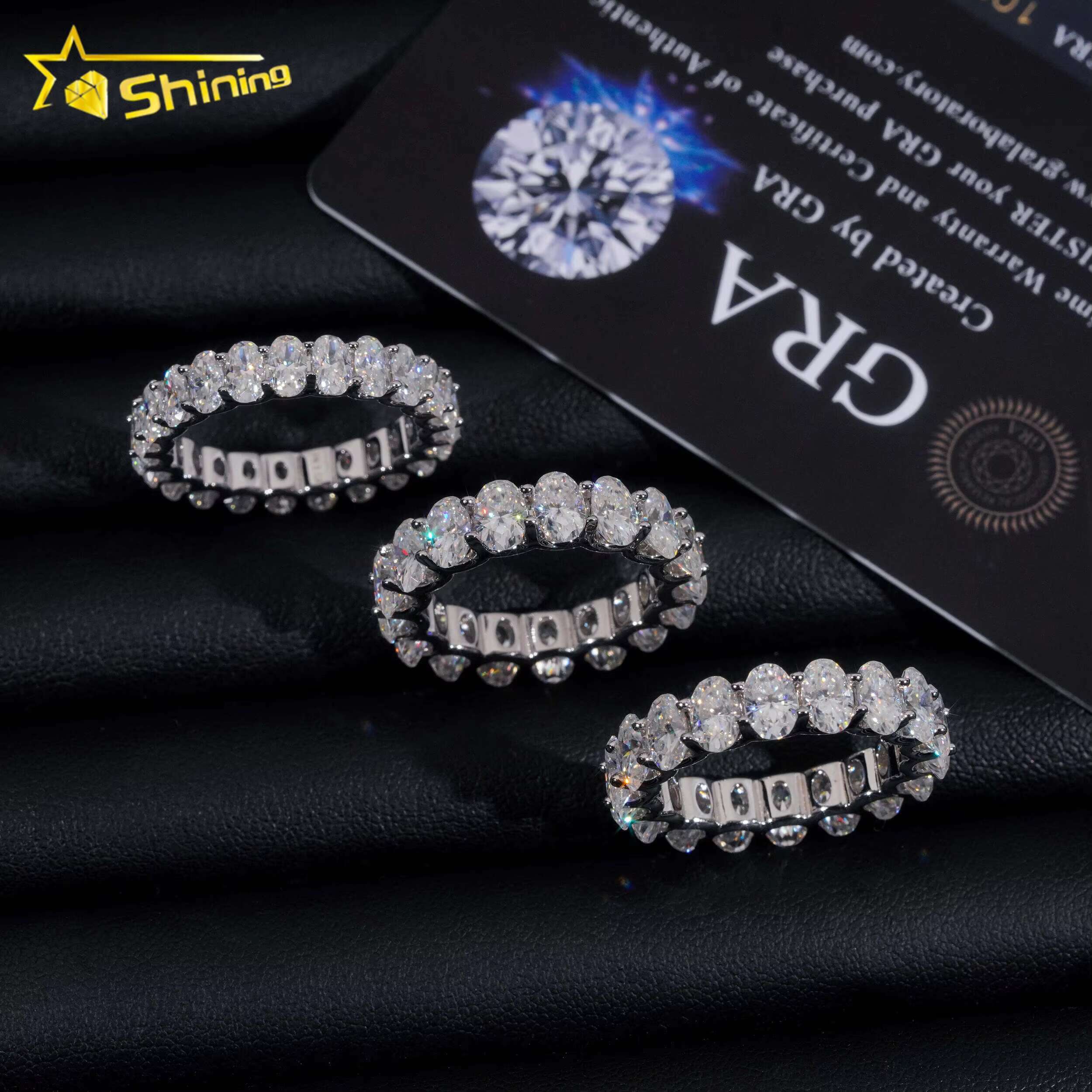 New GRA Certificate 925 Sterling Silver Gold Plated Fine Jewelry Iced Out Diamond Oval Moissanite Hip Hop Eternity Band Ring