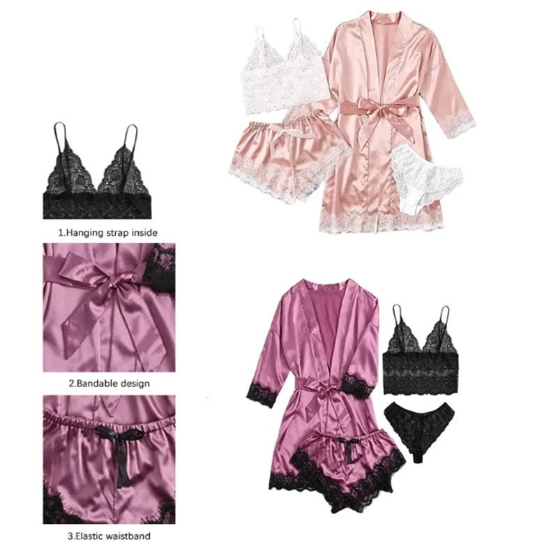 Womens summer sexy sleepwear set 4 pieces of lace satin silk fashionable and comfortable 250409