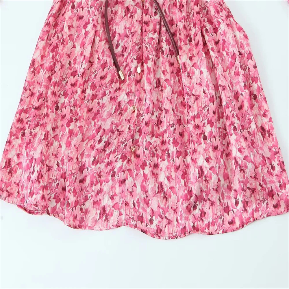 PB ZA Pink Flower Printed Womens Long sleeved Dress with Vneck Belt and Flame Bottom Fashionable Fashion 250409
