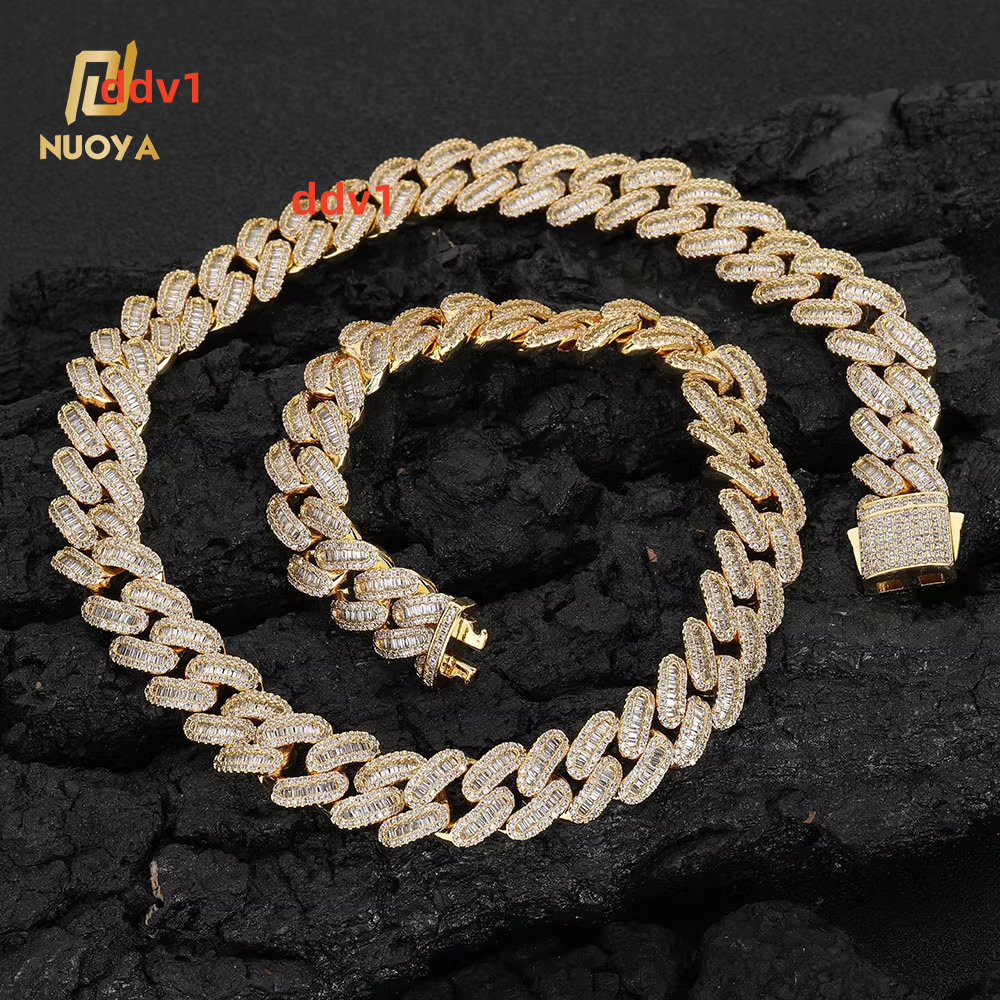 NUOYA Women Miami Cuban Link Chain Necklace 12MM Hip Hop Jewelry Mixed Inlaid Iced Out Baguette Diamond Silver Plated Chain