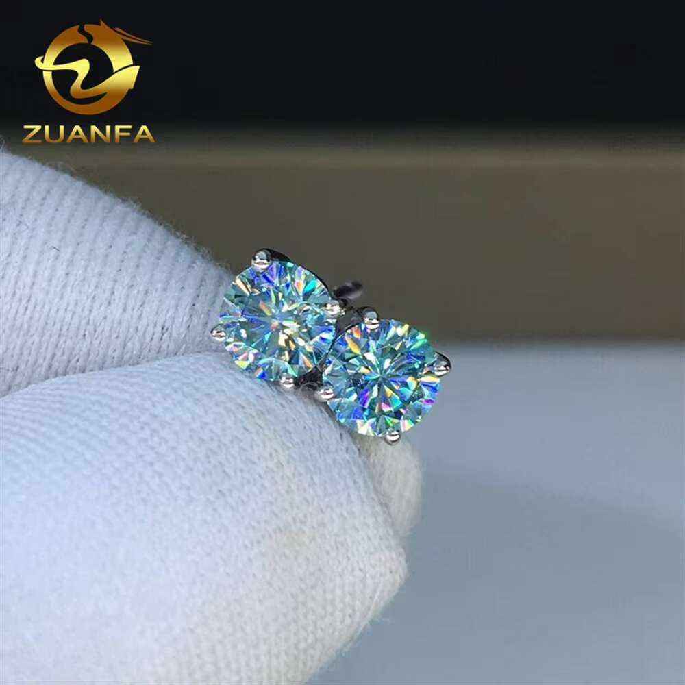 Wholesale 925 Sterling Silver Jewelry Diamond Stud Earrings Prong Setting Hiphop Iced Out Blue Green Moissanite Earrings