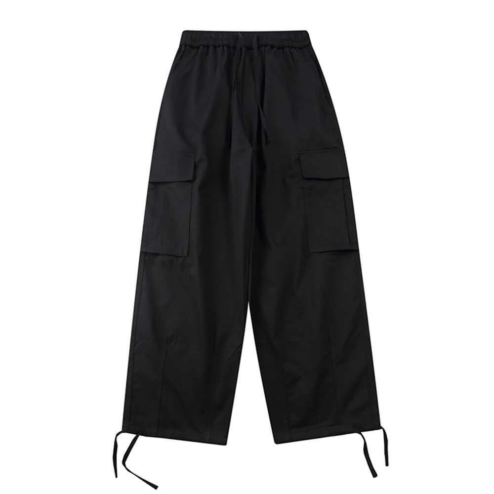 Solid Color Casual Cargo Mens Multi-Pocket Safari Style Loose Straight-Leg Drawstring Elastic Waist Wide Leg Pants