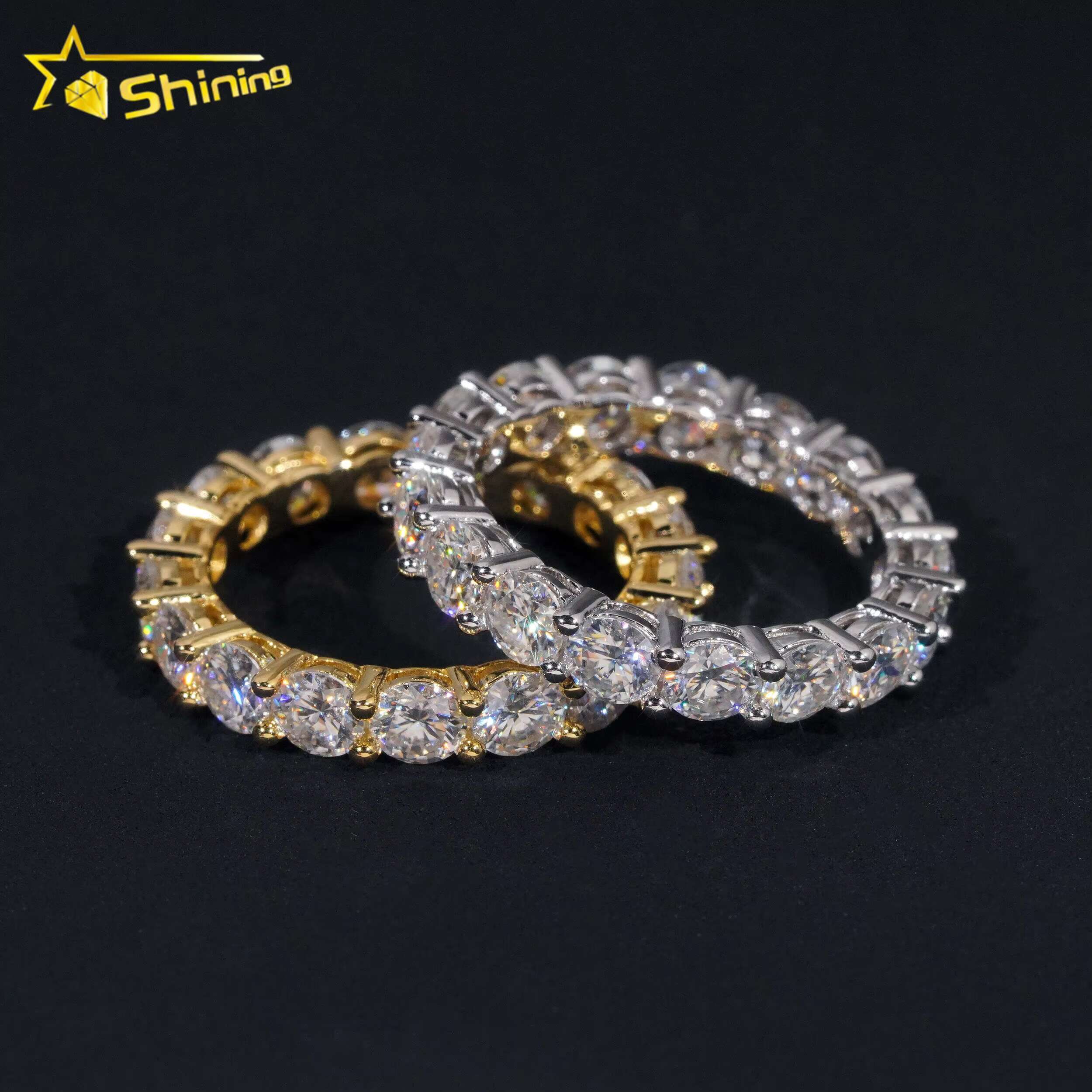 Stocks Solid 925 Sterling Silver Gold Plated Hip Hop Jewelry Luxury Fully Iced 4mm Diamond Moissanite Band Ring Eternity Rings