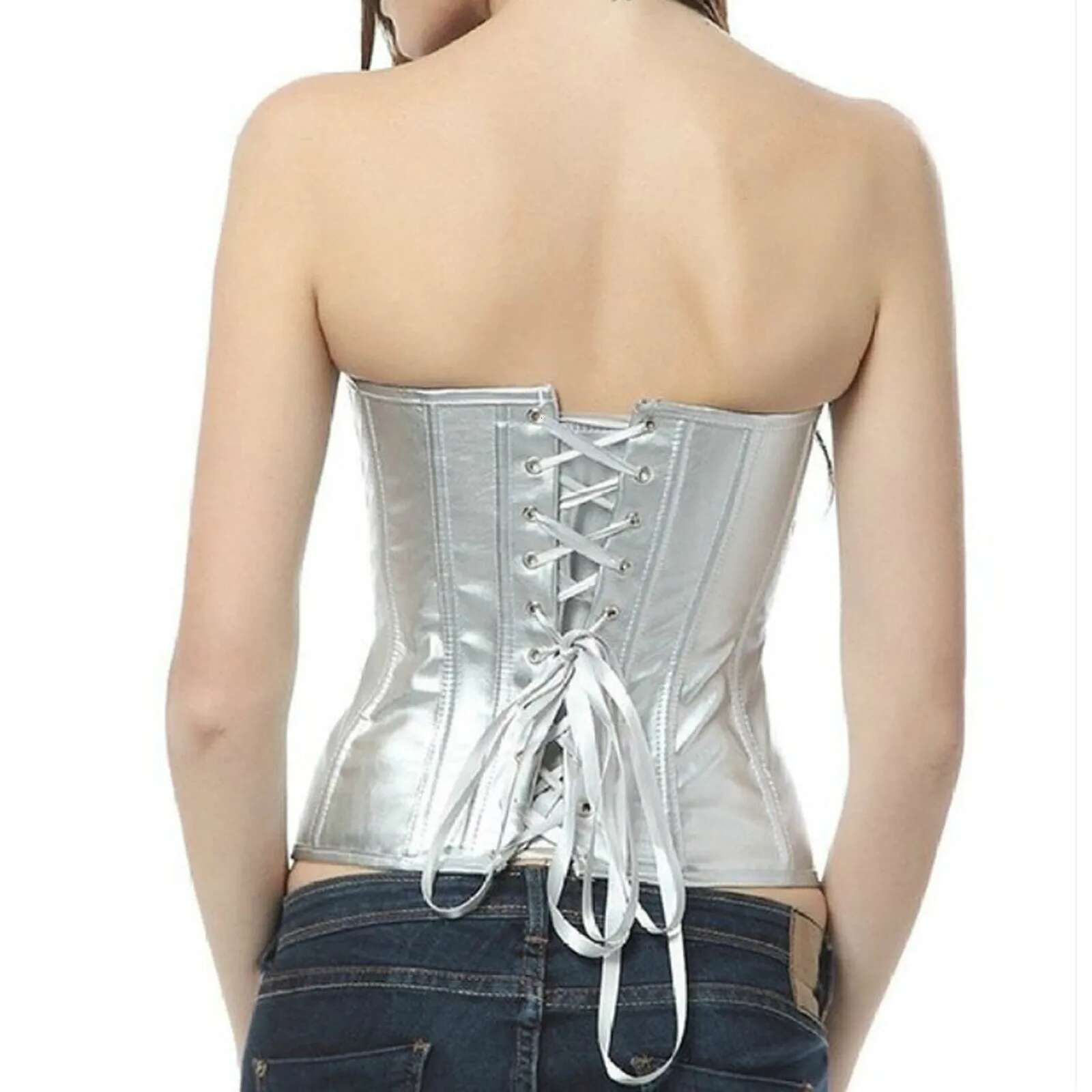 Dongdumaoyi Vsstiar Sier Gold Bright PU Corset For Women Off Shoulder Bodycon Tanks Top Sexy Strapless Party Clubwear Bustier Tops Women S Tight Under
