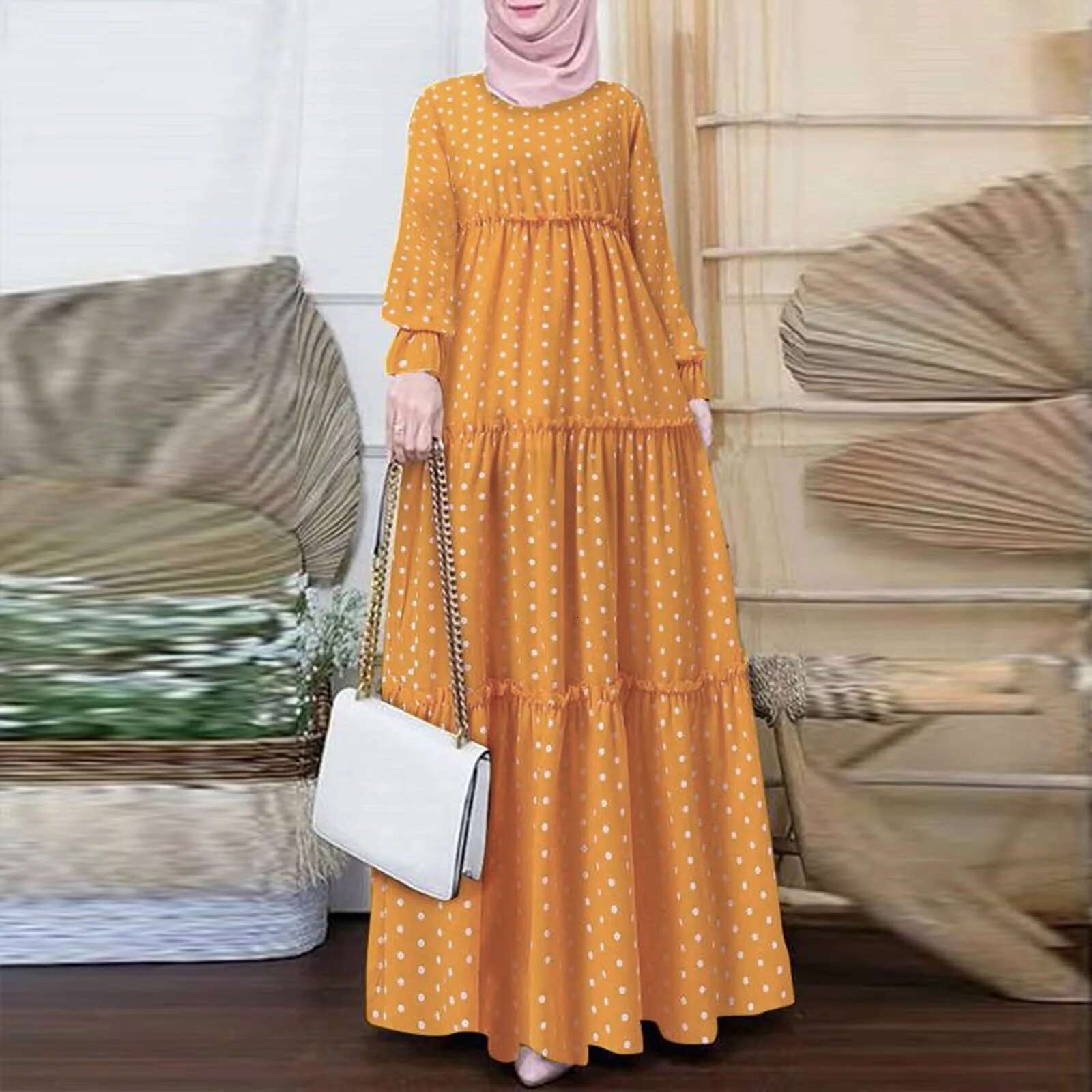 Dongdumaoyi Women Polka Dots Printed Muslim Dress Ruffles Long Sleeve Islamic Clothing Elagant Casual Dubai Marocain Turkish Vestidos