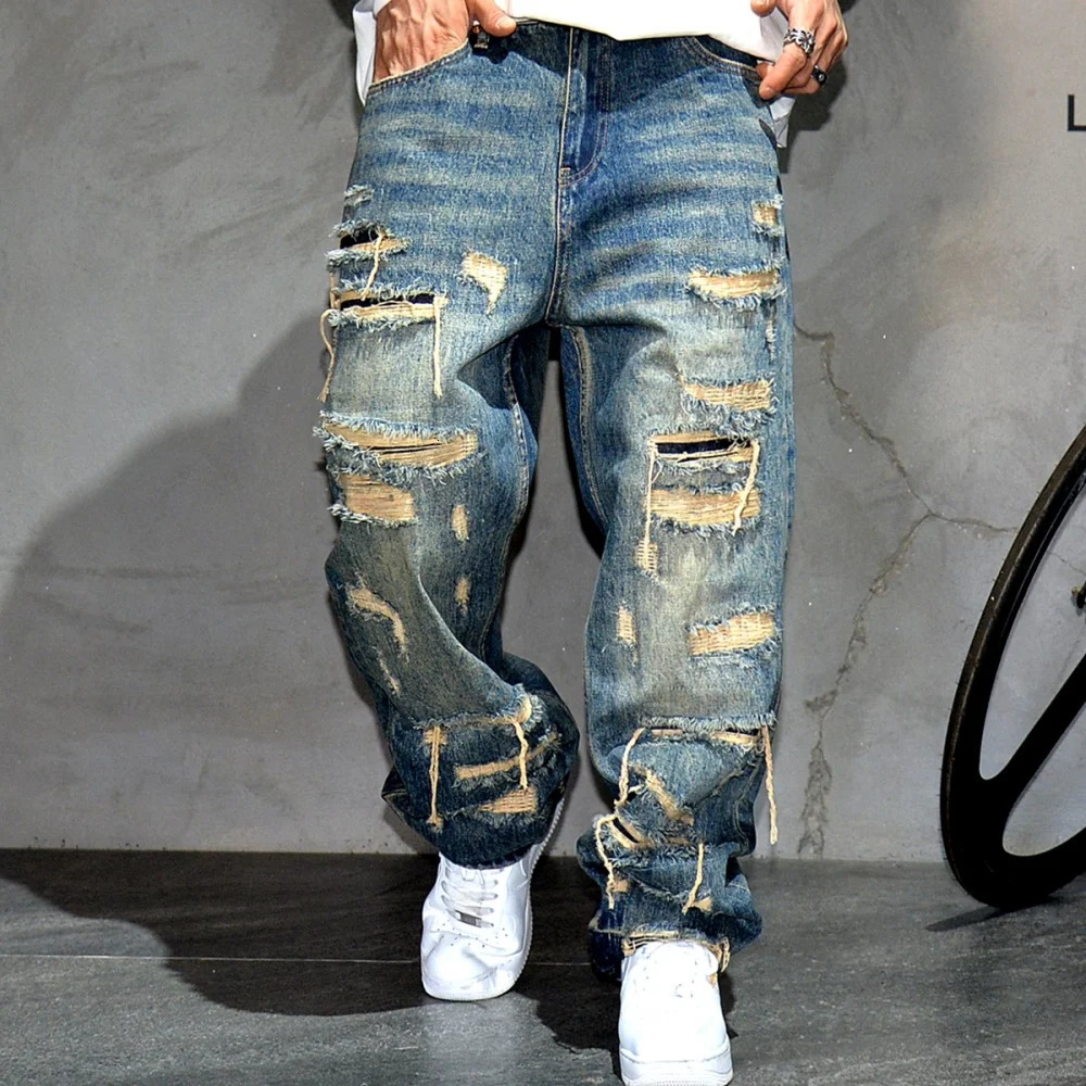 Mens Ripped Baggy Jeans Distressed Denim Streetwear Skateboard Pants Straight Leg Patchwork Oversized Urban Fashion Workwear250403