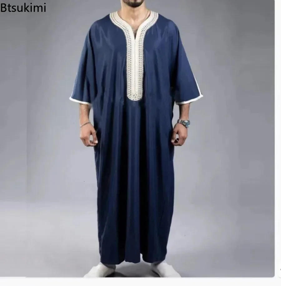 Mens Muslim Jubba Thobe Patch Work Soft Vneck Long sleeved Cafe Dubai Robe Retro Islamic Arab Kaftan Abaya 250409