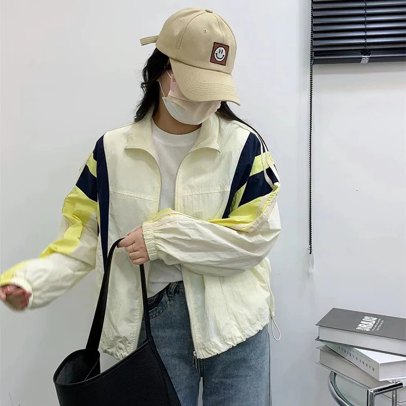 Retro patch work striped womens jacket Y2K Korean oversized stand up collar baseball uniform autumn zipper windproof 250409