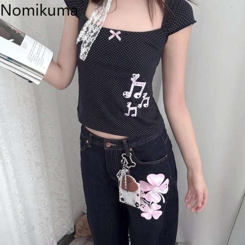 for Women Polka Dot T Shirts Square Collar Short Sleeve Tunic Tees Y2k Tops Casual Chic Japanese Tshirts 2025 Ropa Mujer