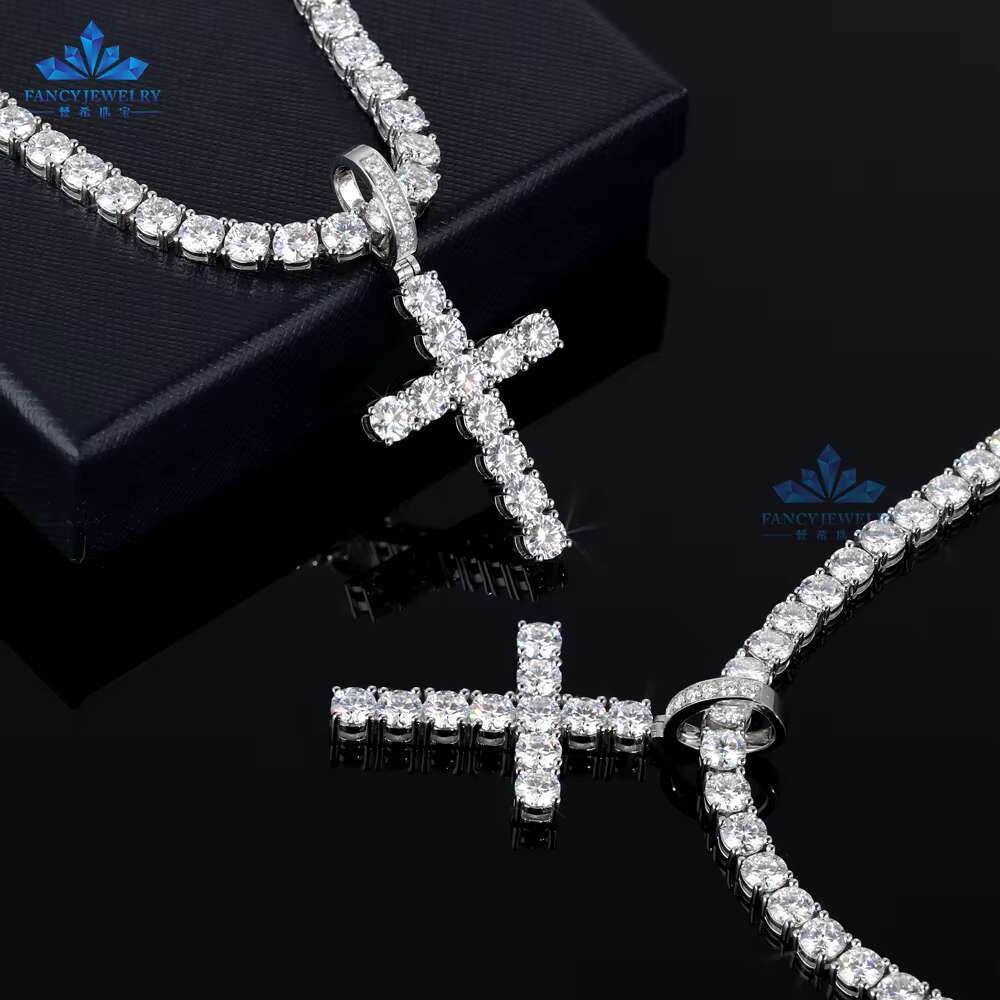 Trendy HipHop Style 925 Sterling Silver Iced D VVS 5MM Moissanite Cross Pendant Men Women Stone Jewelry Number Perfect Gift