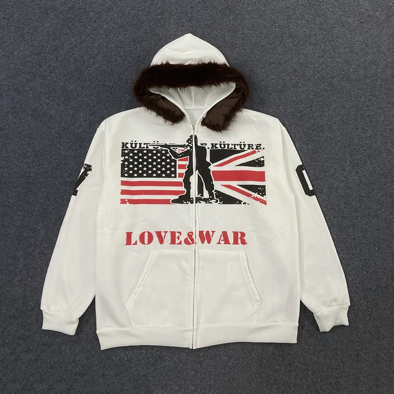 Retro Y2K Zipper Sweatshirt Ins Fur Collar Printed Long Sleeved Pullover Hoodie Street Trend Jacket for Casual Wear 251107