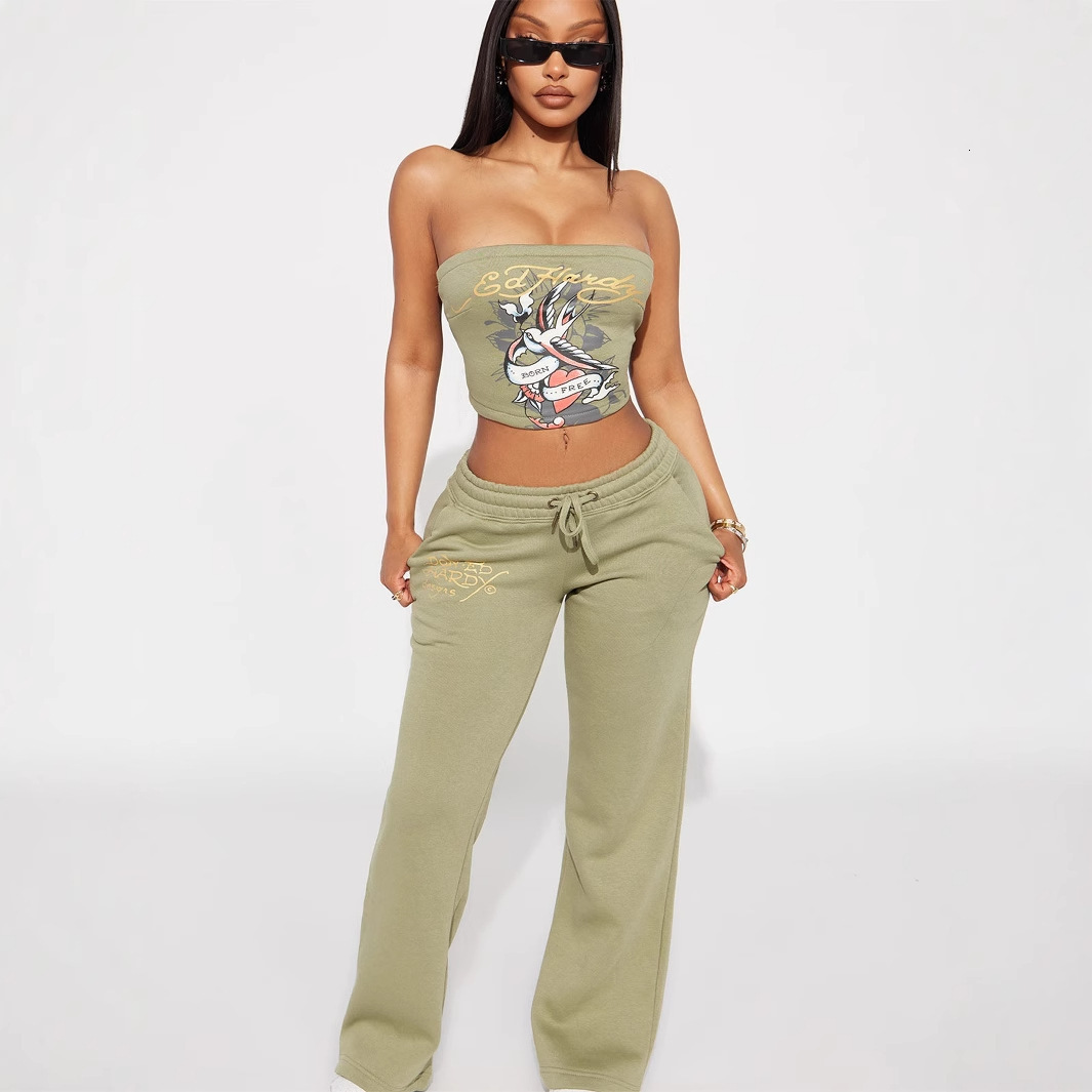 2025S Designer Women S Set New Sexy Trendy Brand Printed Strapless Exposed Navel Top With Waist And Hip Pants Set