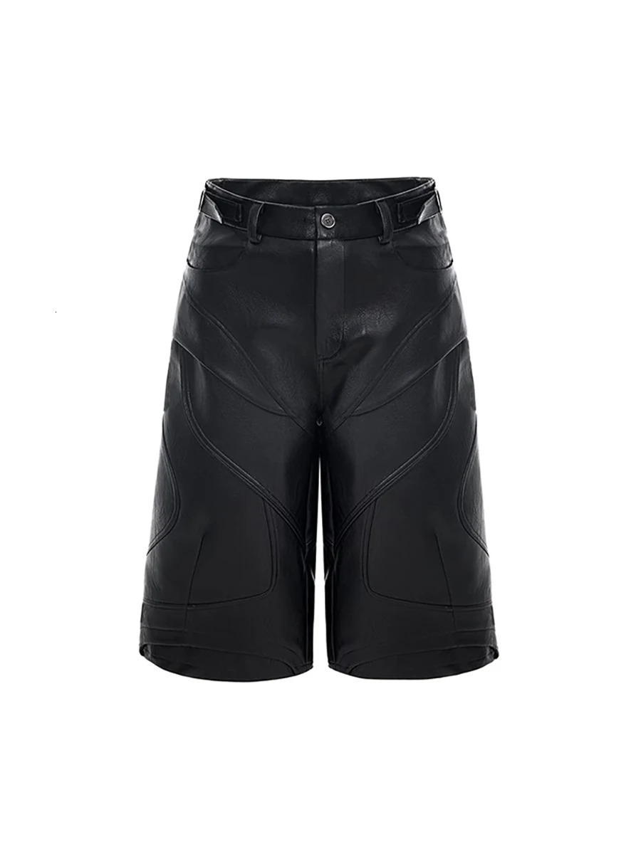 Mauroicardi Spring Summer Cool Handsome Black Pu Leather Shorts for Men High Waist Knee Length Short Straight Pants Clothes 2025 251030