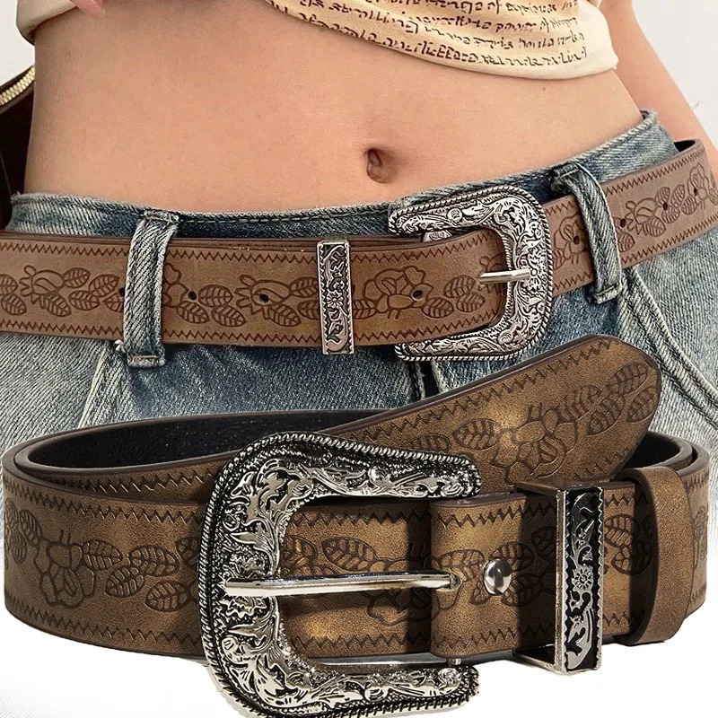 Y2K Pattern Print Belt Western PU Leather for Women er Metal Buckle Pin Waist Belt Girls Hip Hop Fashion Waistband 250409