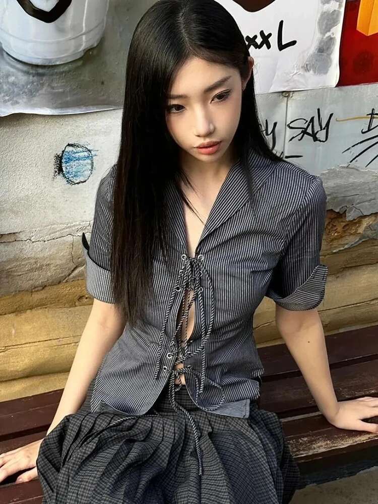 Zoki Y2K Slim Striped Shirt Women Sexy Hollow Out Lace Up Blouse Vintage Casual American Half Sleeve Design Haruku Retro Tops