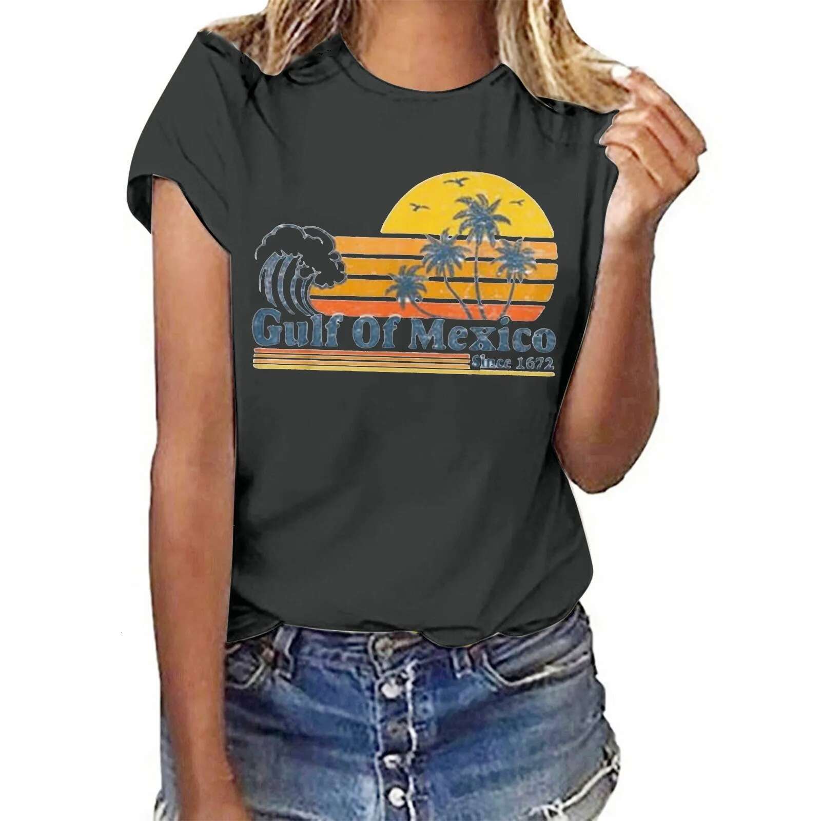 Dongdumaoyi Gulf Of Mexico Since T Shirt For Women S Letter Print Crew Neck Short Sleeve Tee Tops Female Shirt