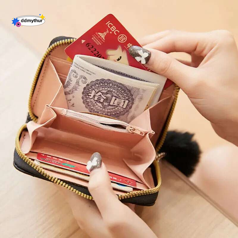 Mini Short Wallet Women'S Leather Credit Organizer Coin Purse Pompom Ball Pendant Fashion Clutch Money Bag Card Holders ddmythur