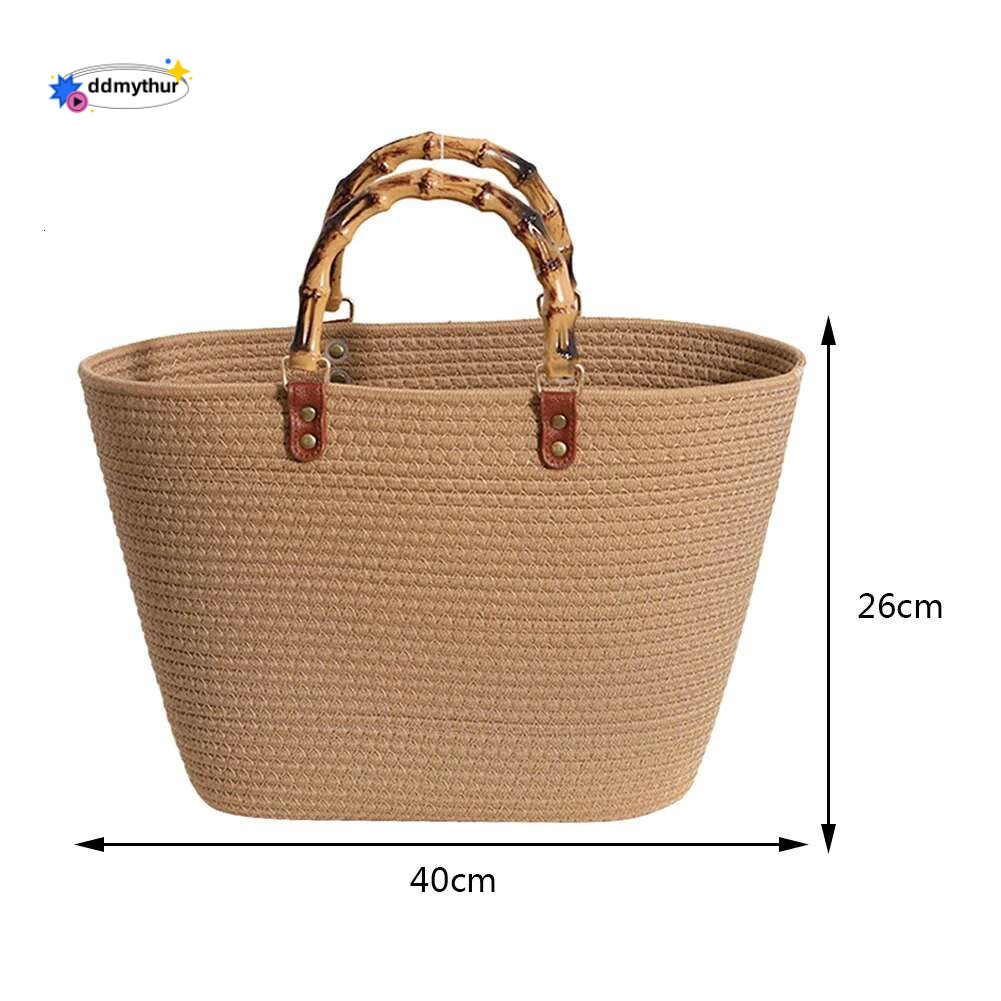 Beach Vacation Bags Bamboo Handle Top-handle Bag Large Capacity Striped Portable Casual Fashion Exquisite for Seaside Party ddmythur