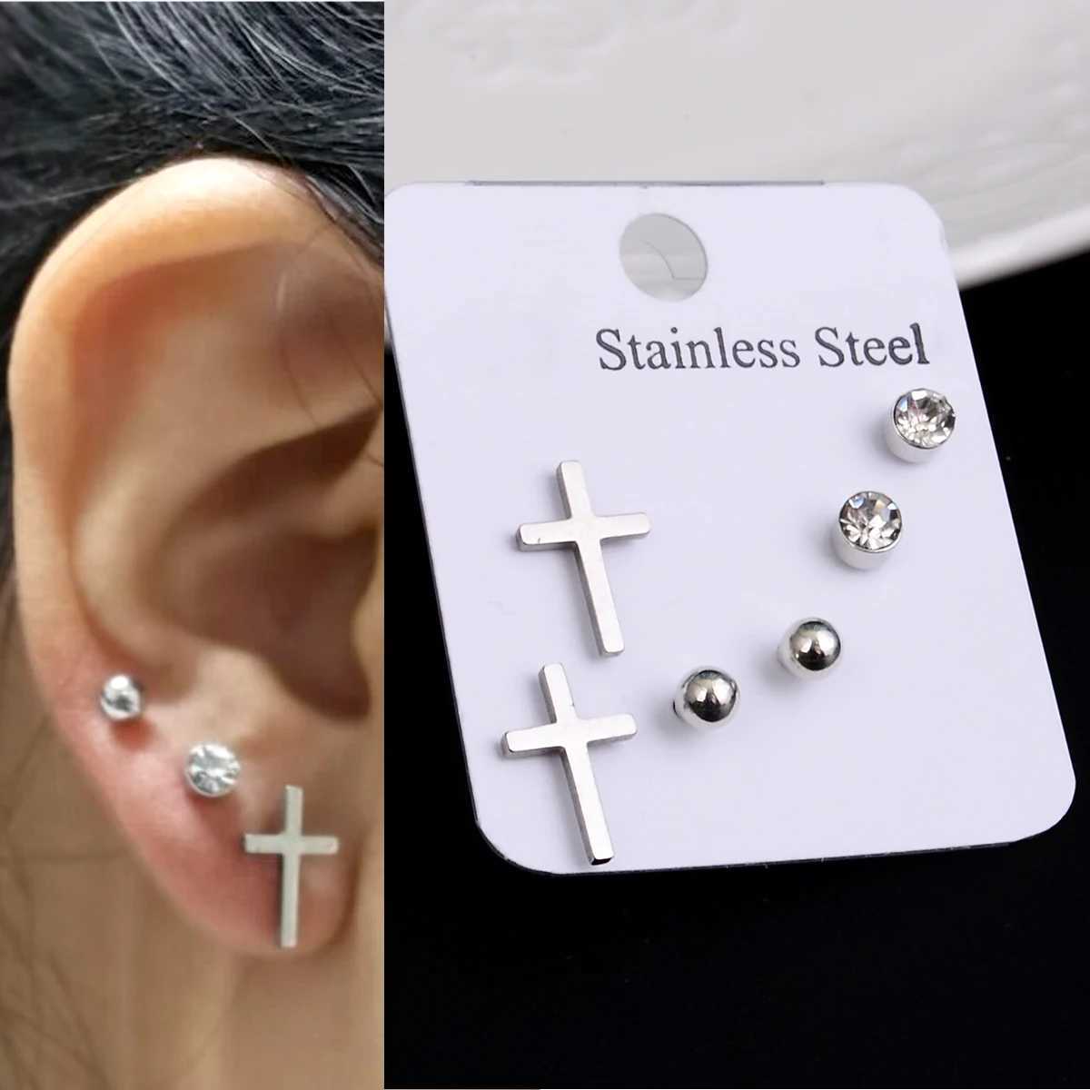 2021 New Simple Fashion Punk Heart Cross Stainless Steel Stud Earrings Set For Men Women Mini Star Moon Earrings Party Jewelry Z250408