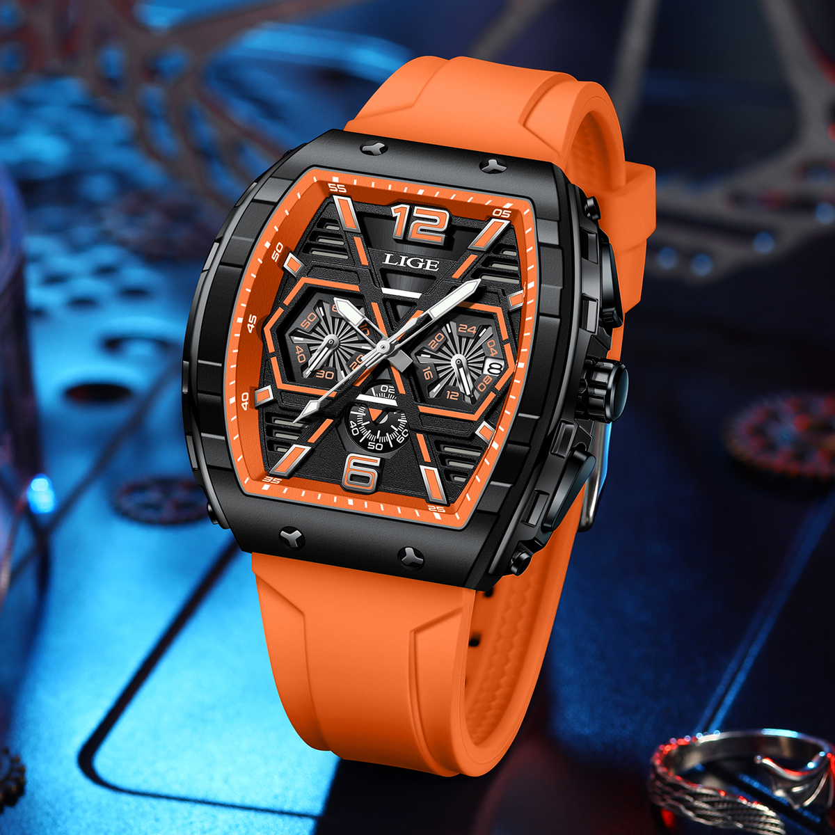 LIGE Men's quartz Watch Classic Business watch lift screen LED glow-in-the dark light wine barrel appearance multi-functional sports watch Quarzu