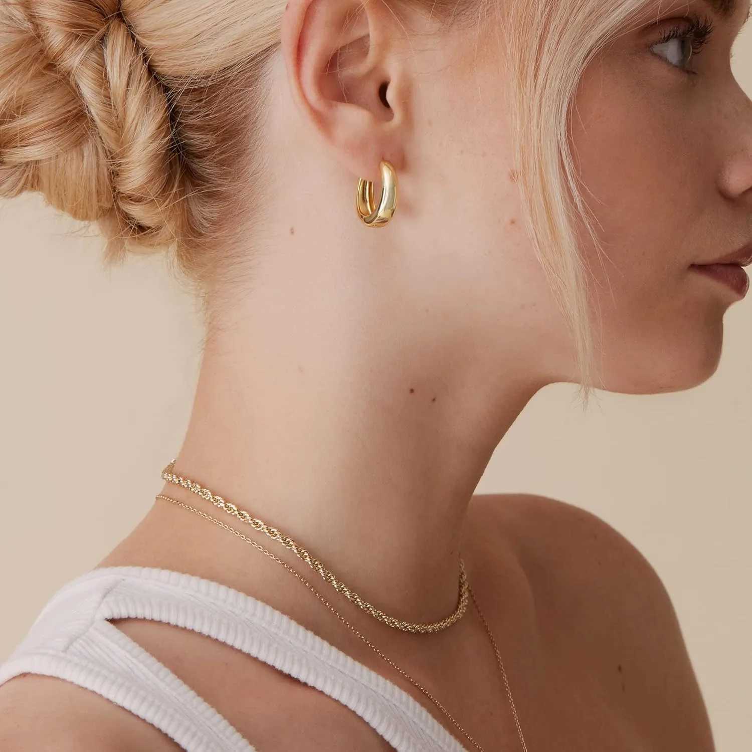 14K Gold Plated Sterling Silver Post Small Chunky Hoops Earrings | Thick Lightweight Gold Hoop Earrings for Women Retro style Z250408
