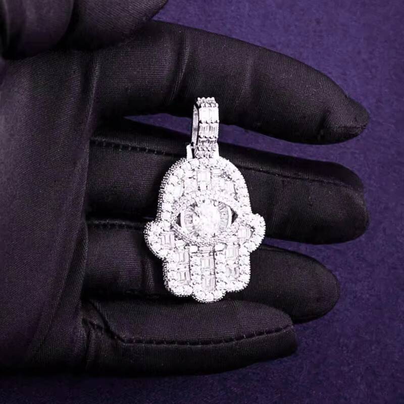 Hip Hop GRA Bling VVS Moissanite 925 Sterling Silver Pass Diamond Tester Baguette Fatima Lucky Hamsa Hand Pendant for Men