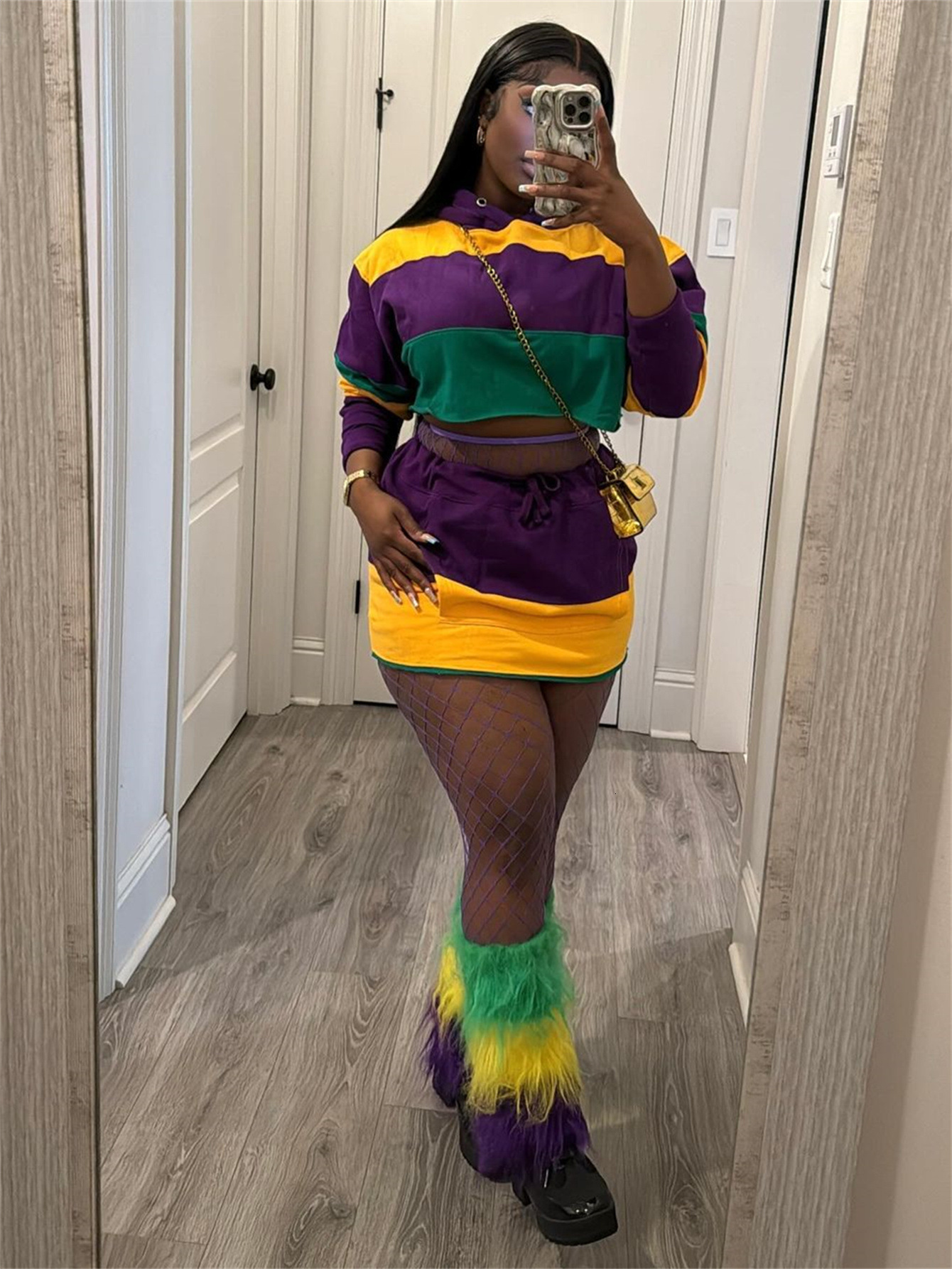 2025S Designer Women S Set New Orleans Festival Color Blocking Trend Striped Loose Top With Lace Up Hip Hing Short Skirt Set