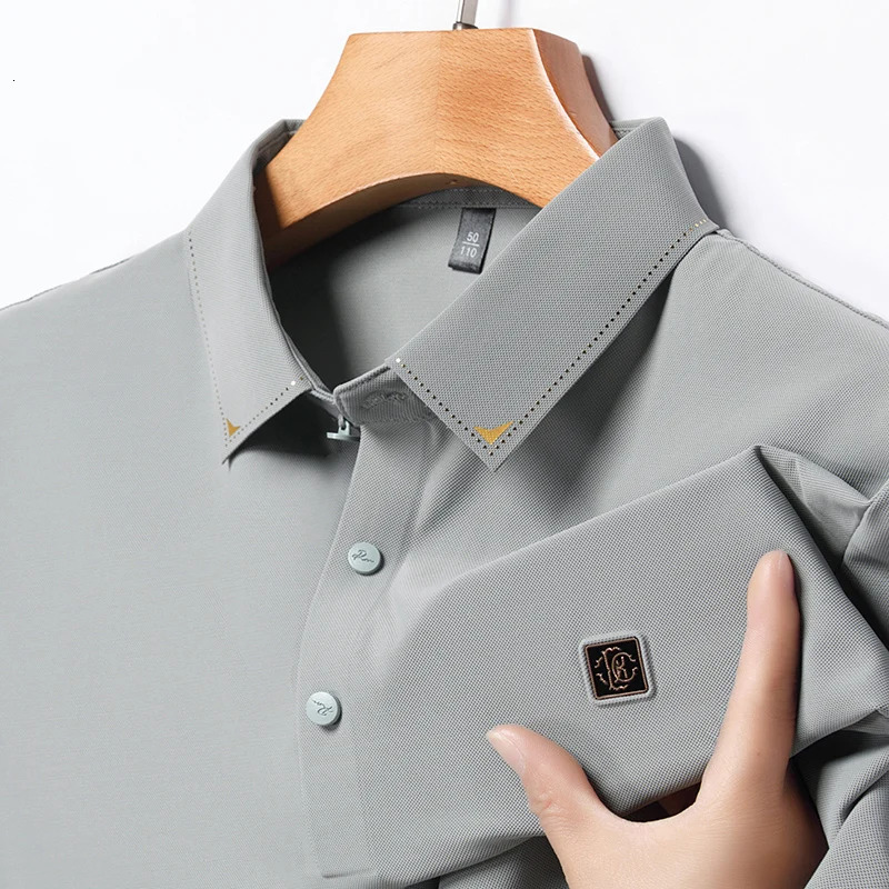 Mens Ice Silk Seamless Polo Shirt High-end Print Short Sleeved Top Summer Cool Breathable T-Shirt Men Clothing 250407