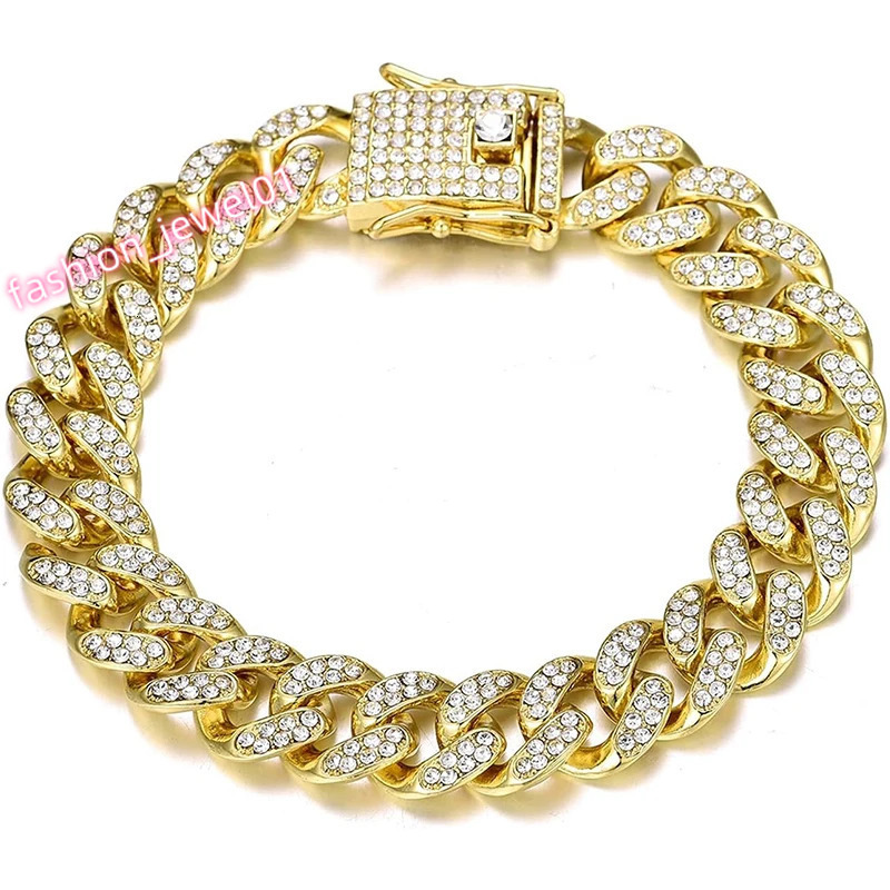 HipHop 13MM Rhinestones Prong Iced Out Cuban Link Chain Bracelet Necklace Men Women Gold Bling Butterfly Cuban Jewelry Bracelet