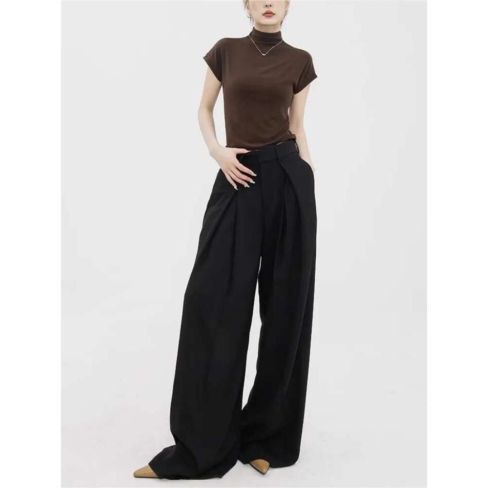 Women's Black Suit High Waisted, Draped Or Mop, Casual Wide Leg Pants, Spring And Autumn Design