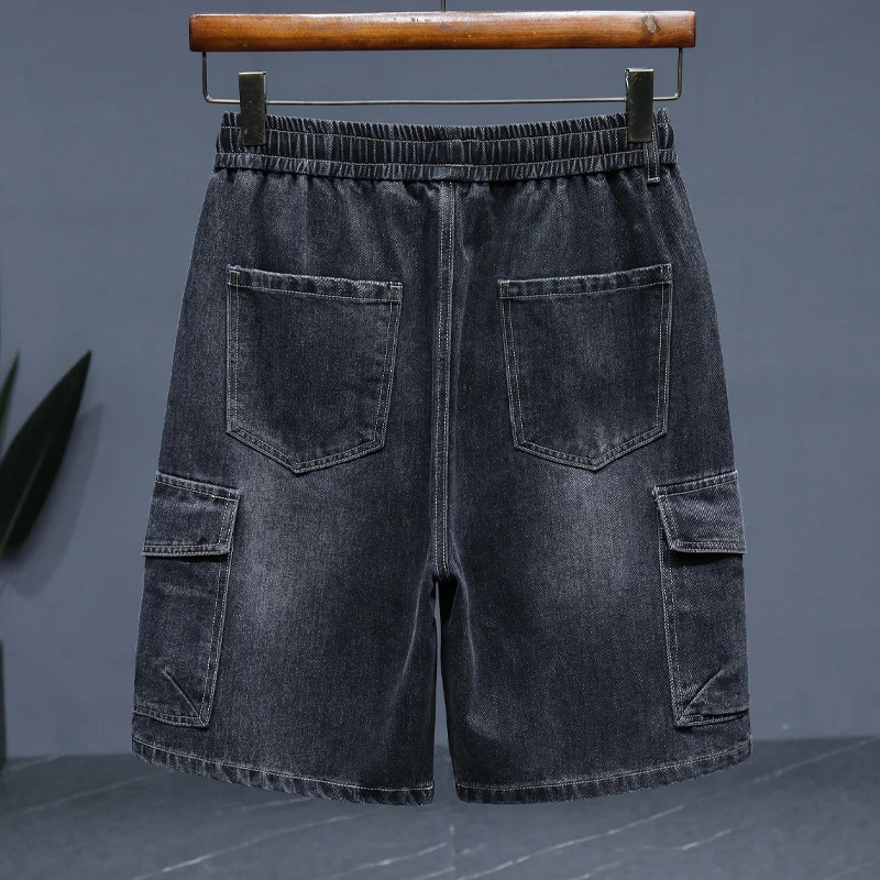 M5XL summer denim shorts mens pure cotton straight elastic waist loose casual cargo clothing fashion 250409