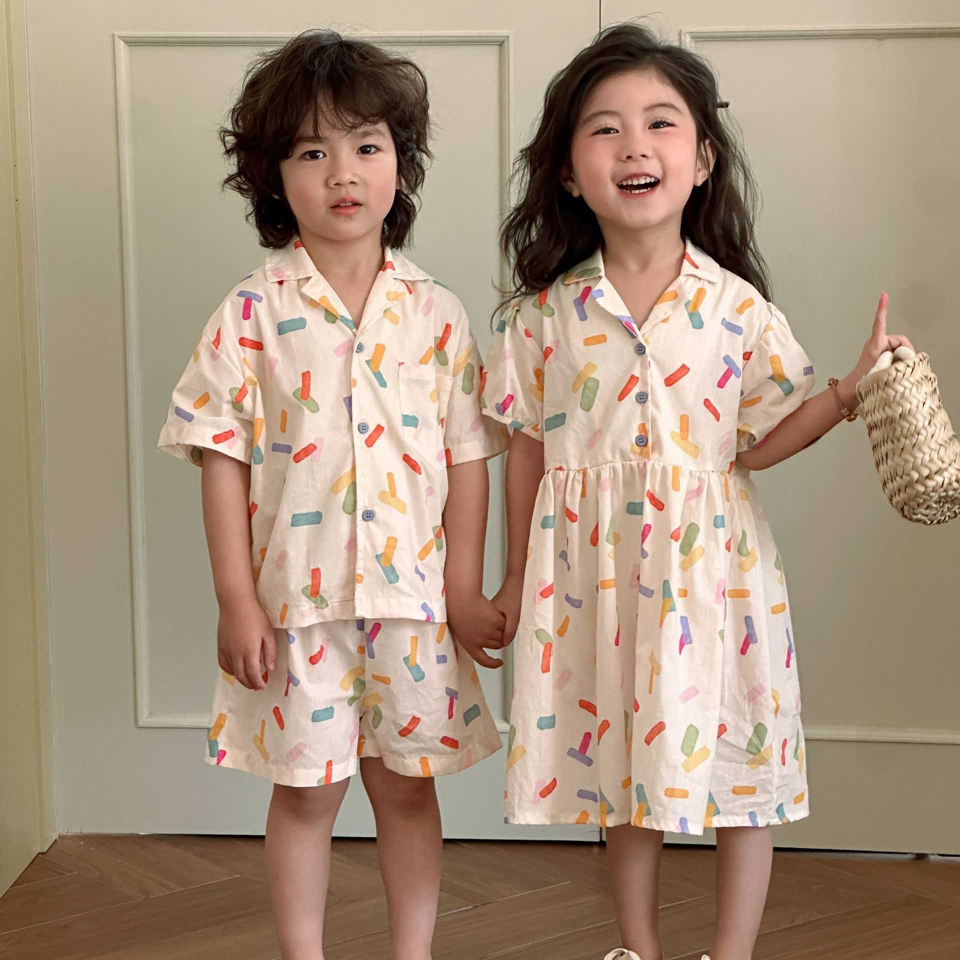 Brother and sister summer clothes childrens summer set boys pure cotton vacation style 2025 new baby western-style girls dress S2548