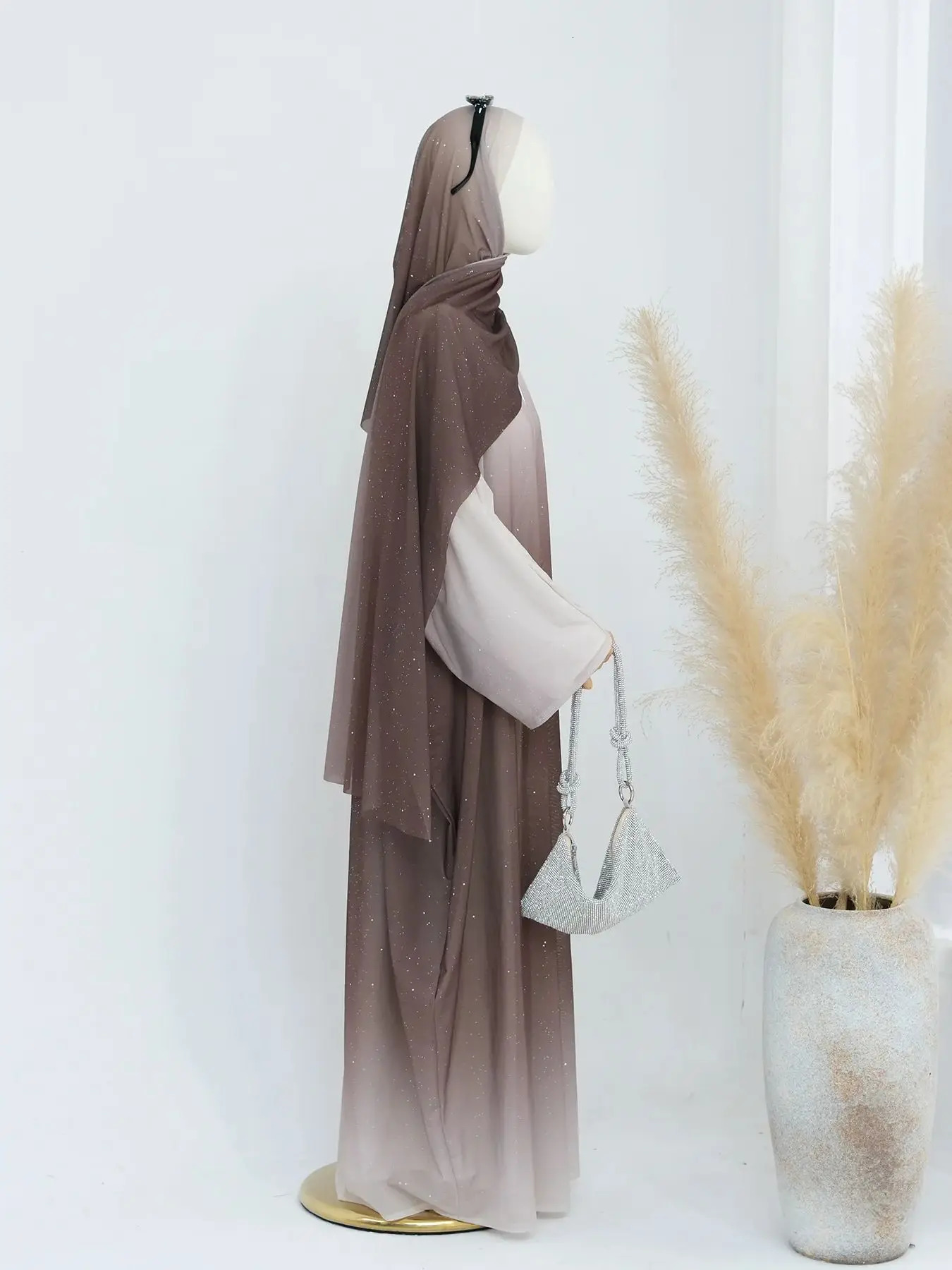 Fashion gradient shiny Muslim dress robe Abaya womens fulllength clothing worship service with scarf wy2115 250409