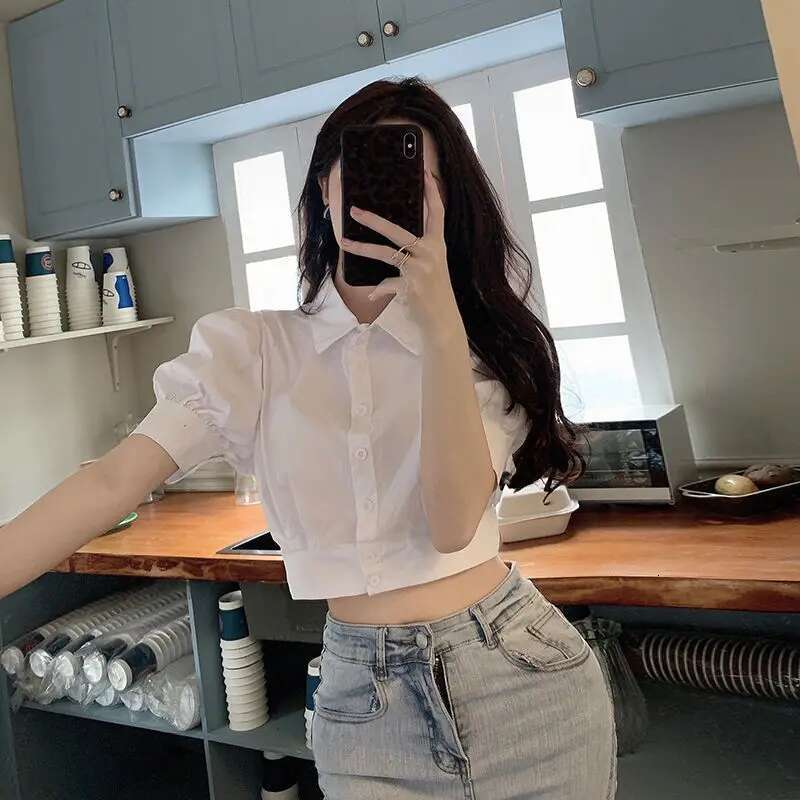 Korean Summer Puff White Shirt Cropped Women Elegant Youth Collar Blouses Clothes Preppy Short sleeve Cute Top