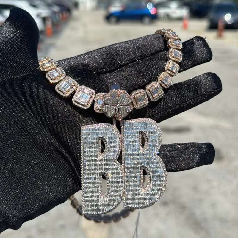 Fashion Hip Hop Jewelry Mens Miami Cuban Chain Custom Letter Clasp 925 Sterling Silver VVS Baguette Moissanite Diamond Pendant