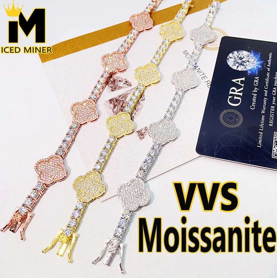 3-4mm Clover Moissanite Tennis Chain S925 Silver Bracelets For Women Iced Out Hand Chain Pass Diamonds Tester With GRA Hip Hop