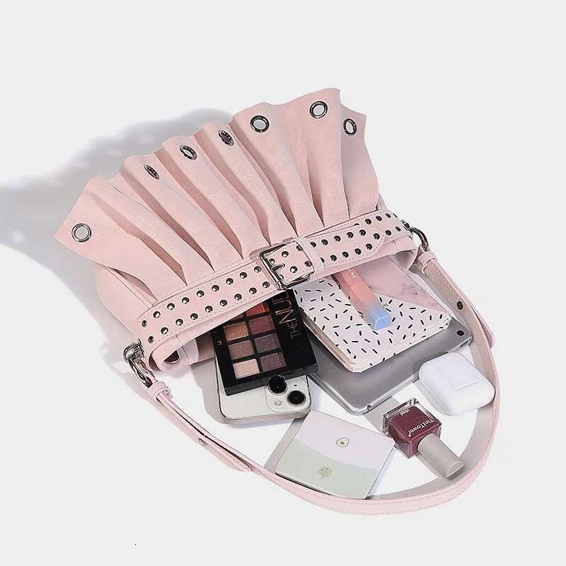 Meet You Punk Style Women's Belt Buckle Shoulder Y2k Fashion Pleated Pu Leather Armpit Motorcycle Rivet Crossbody Bag